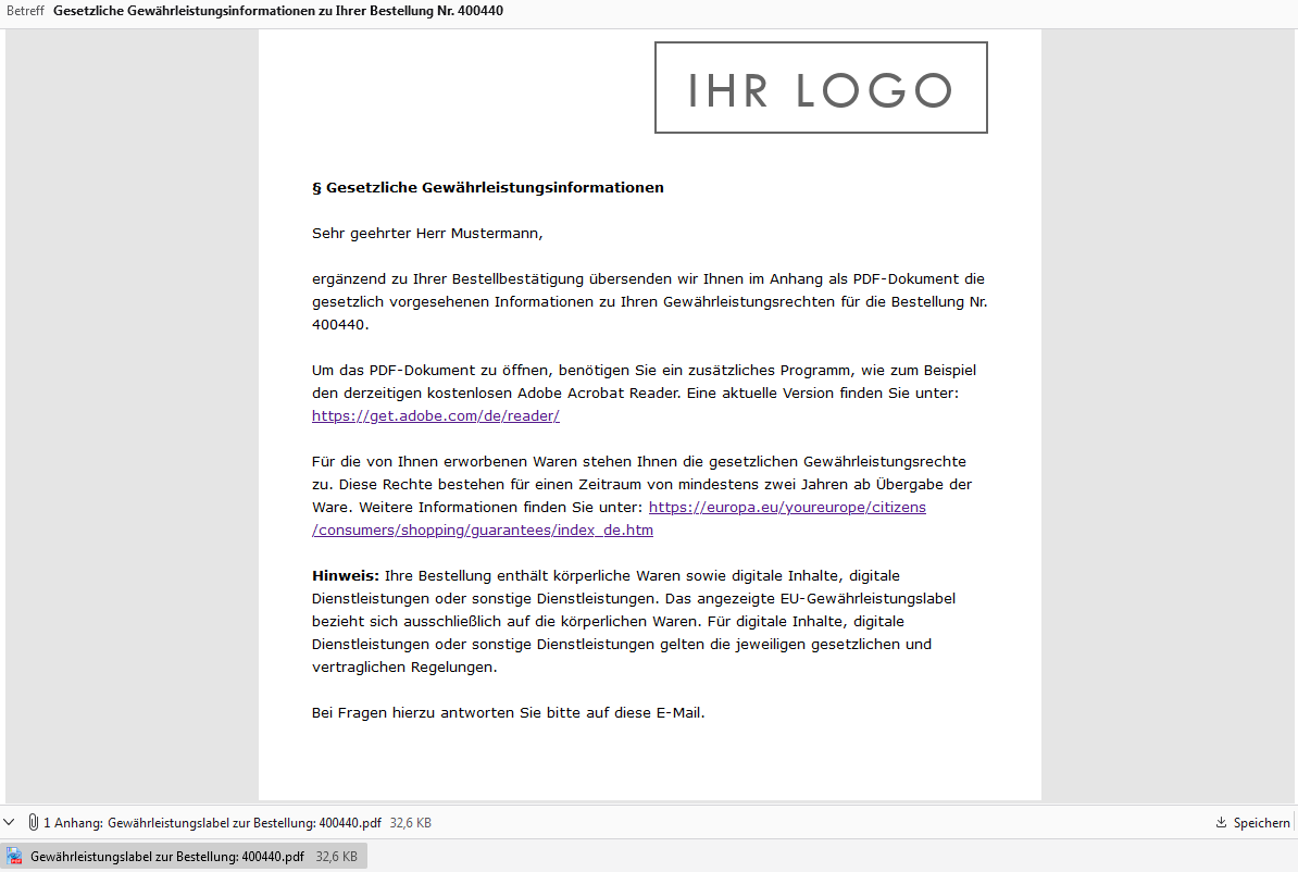 Die separate E-Mail-Bestätigung mit dem Anhang des EU-Gewährleistunglabels als PDF-Dokument.