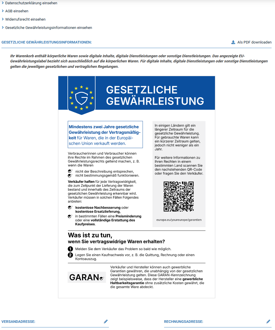 Der Text Gesetzliche Gewährleistungsinformationen einsehen, der Text mit dem gemischten Warenkorb sowie die Anzeige des EU-Gewährleistunglabels einschließlich der Verlinkung mit dem PDF-Download auf der Bestellabschlussseite.