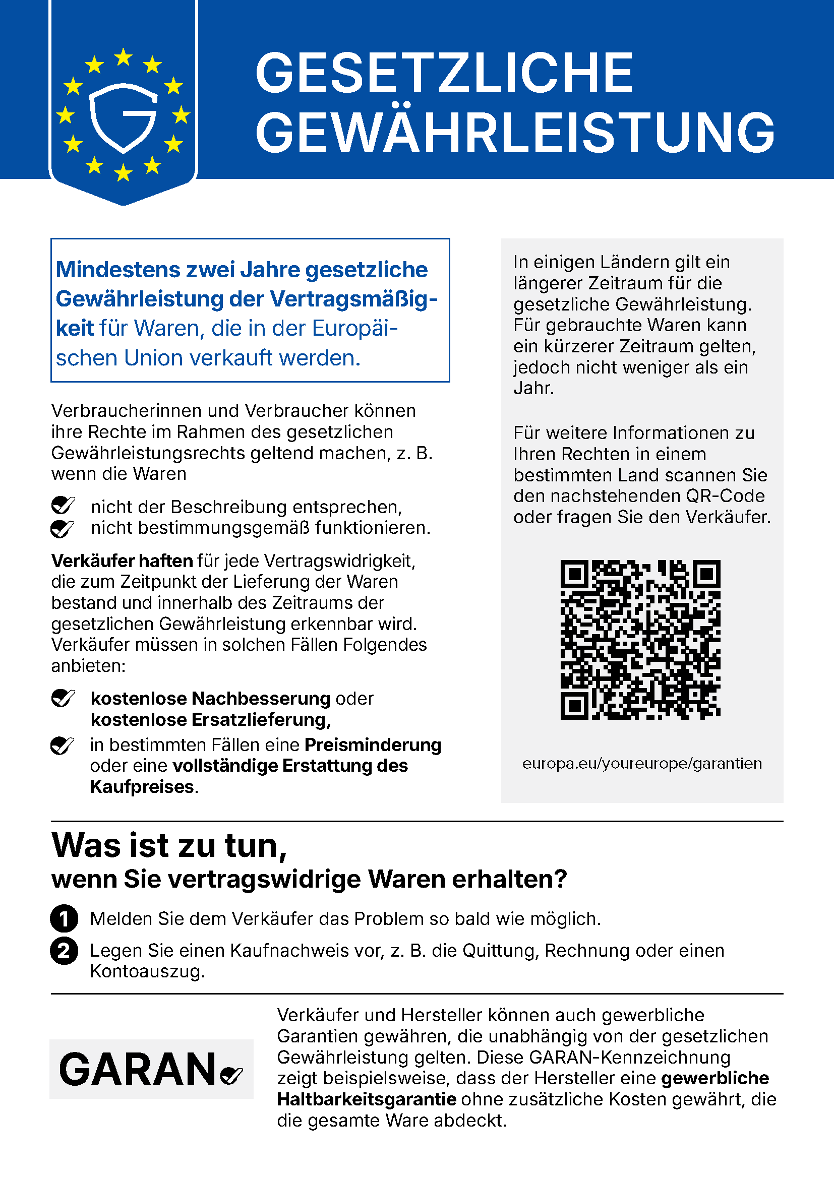 Das EU-Gewährleistungslabel und Ihr gesetzliches Gewährleistungsrecht.