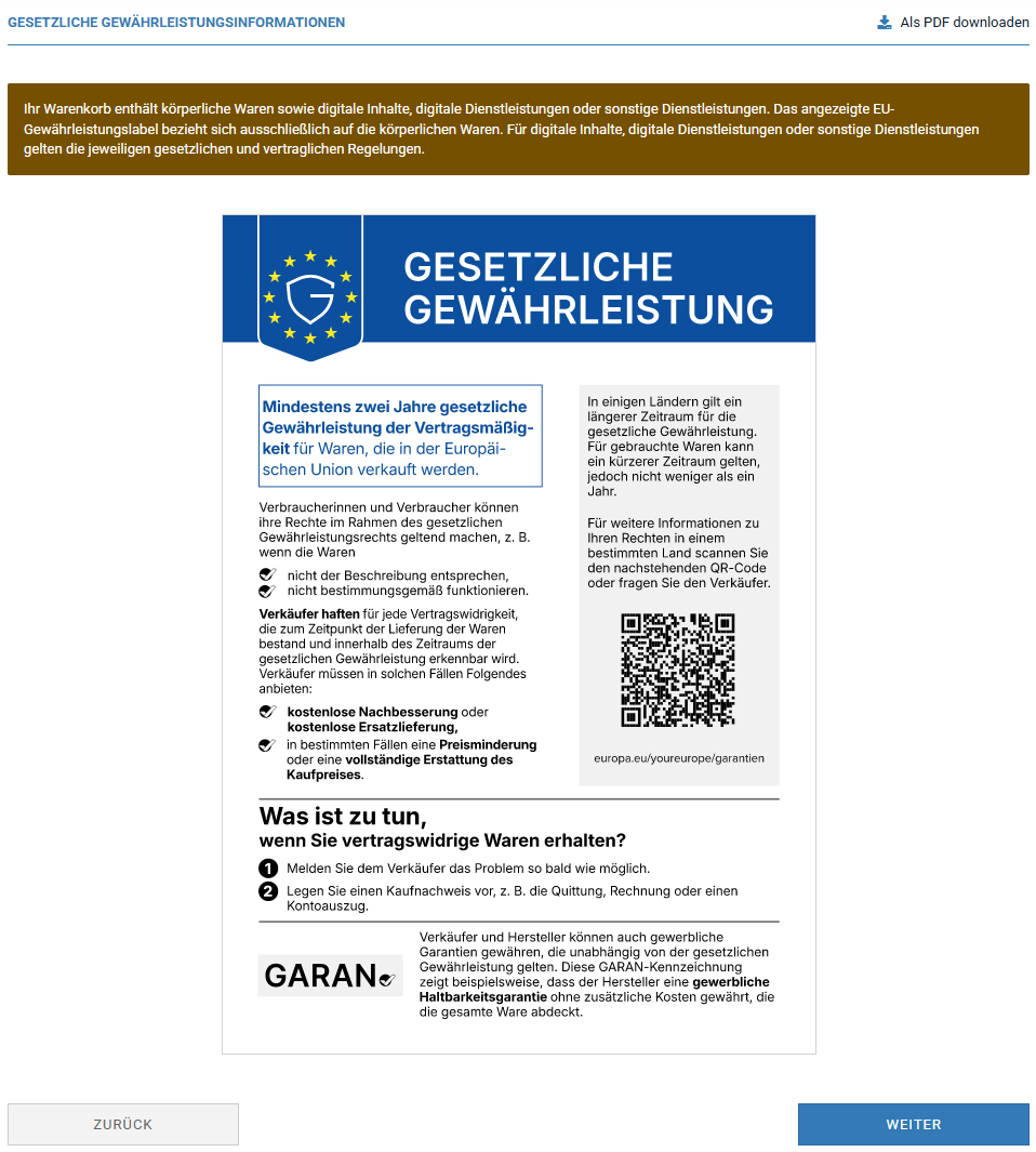 Der Text mit dem gemischten Warenkorb sowie die Anzeige des EU-Gewährleistunglabels einschließlich der Verlinkung auf der Zahlseite mit dem PDF-Download.